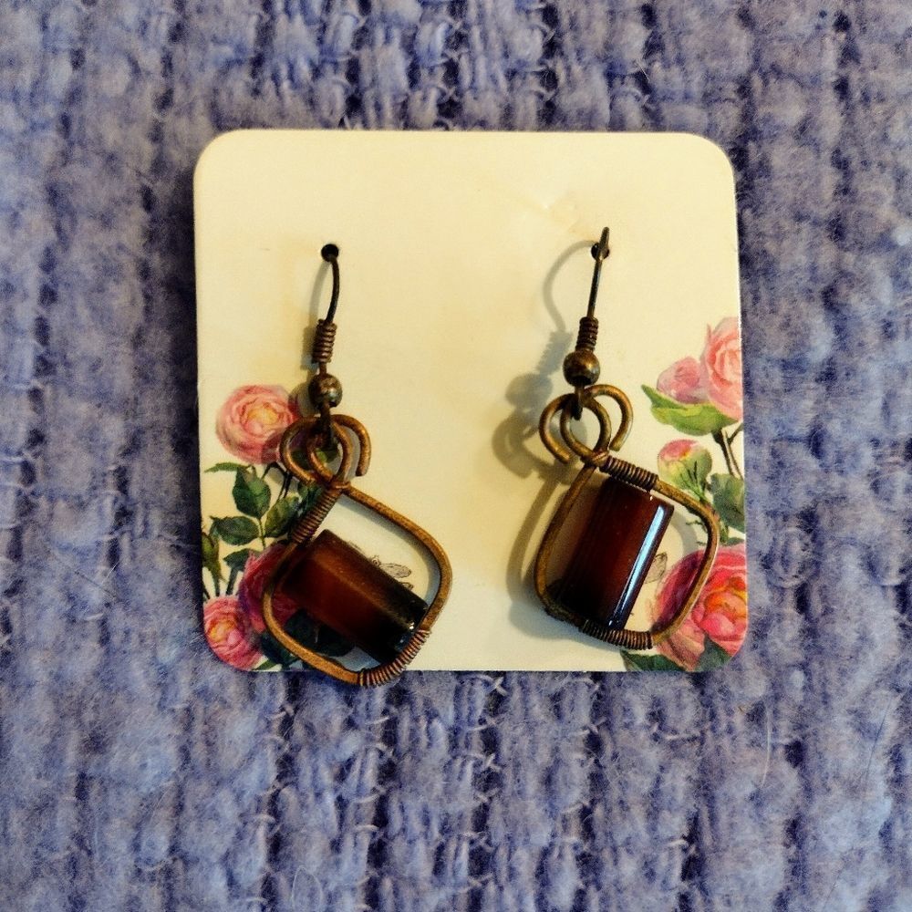 Brown earring dangle drop beaded wire jewelry gift ooak brass hippie boho Xmas